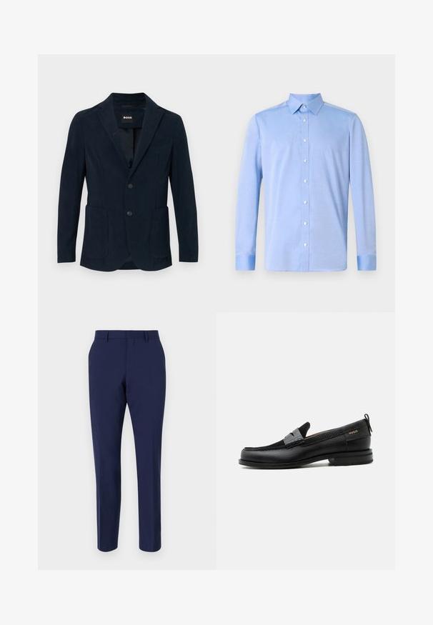 Marineblauwe corduroy blazer met een notch lapel, twee voorzakken, een twee knopen sluiting en een enkele borstzak.; Lichtblauwe overhemd met lange mouwen, een klassieke kraag en witte knopen. De stof lijkt glad met een subtiele textuur.; Navyblauwe op maat gemaakte broeken van gladde stof, met een slanke pasvorm, een platte voorkant en een standaard tailleband met riemlussen.; Zwarte leren loafer met grijs riemdetailelement, lage hak en gestructureerde zool, aan de zijkant gebrandmerkt met "HUGO" in goud.