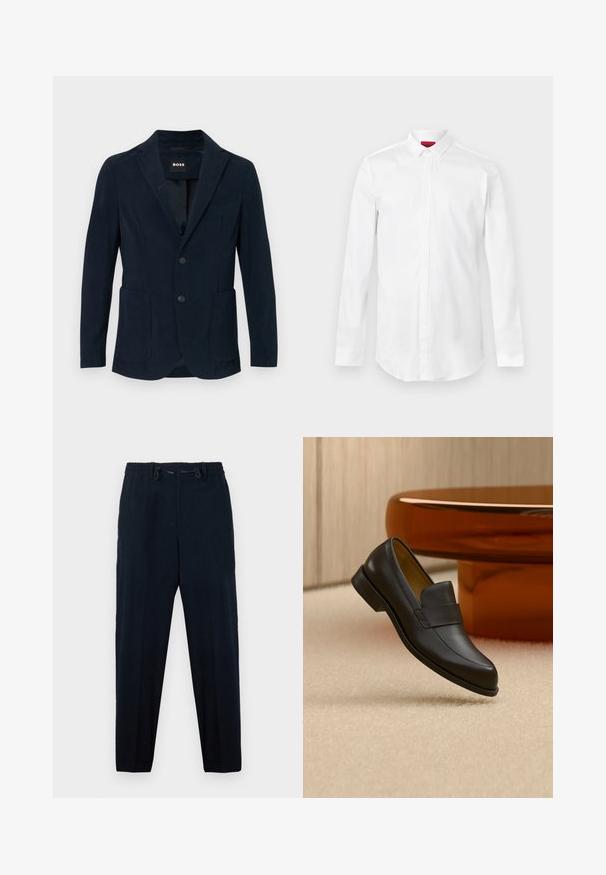 Blazer en velours côtelé bleu marine avec revers cranté, deux poches frontales, fermeture à deux boutons et une poche poitrine.; Chemise blanche à manches longues avec col pointu et patte de boutonnage cachée, présentée sur un fond clair uni.; Pantalon bleu marine avec une taille élastique et un cordon de serrage. Design à jambe droite, avec une texture lisse et sans motifs visibles.; Mocassin en cuir noir à talon bas flottant au-dessus d'un sol moquetté beige près d'une table ronde marron.