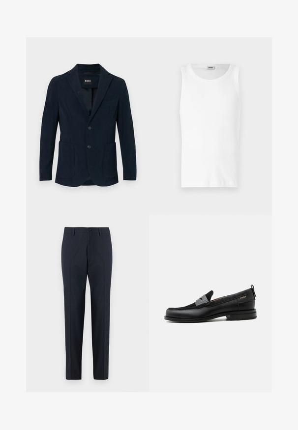 Blazer en velours côtelé bleu marine avec revers cranté, deux poches frontales, fermeture à deux boutons et une poche poitrine.; Débardeur en coton blanc sans manches avec un col rond et une texture lisse. Design simple, sans motifs ni accents.; DRYKORN AJEND - Chino - blue; Mocassin en cuir noir avec détail de bride grise, talon bas et semelle texturée, marqué "HUGO" en or sur le côté.
