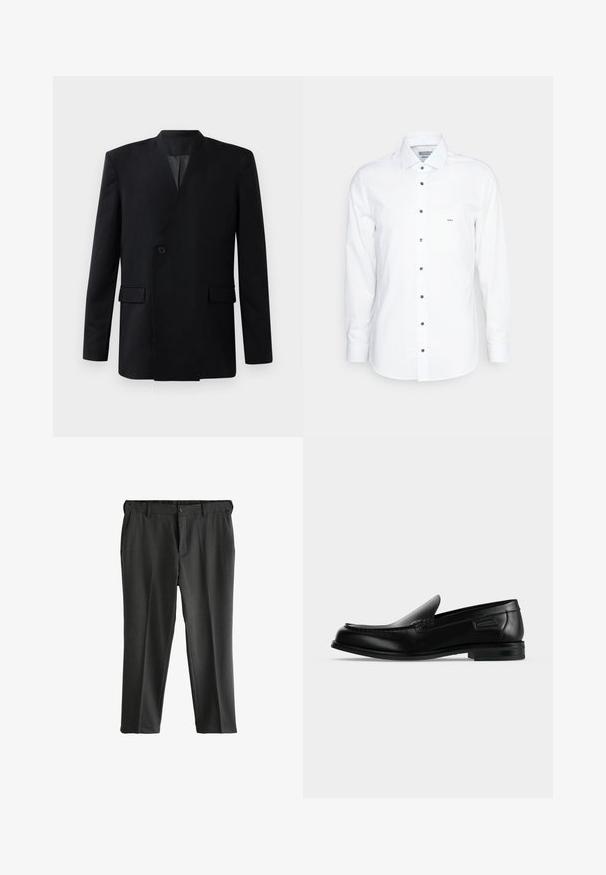 Čierny blejzer s obálkovým dizajnom, ktorý má jedno gombíkové zapínanie, dve predné vrecká a stojatý golier. Hladká textúra látky.; Michael Kors SHIRT - Košeľa - white; Sivé nohavice na mieru s plochým predným dielom, dvoma bočnými vreckami a zapínaním na gombík. Hladká tkanina s jemnou textúrou a prežehlenými záhybmi.; Čierny kožený slip-on mokasín s nízkym podpätkom, zaoblenou špičkou a dekoratívnym prešitím pozdĺž horného okraja.