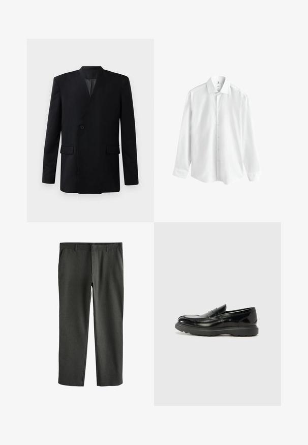 Sort blazer med omslagdesign, der har en enkelt knaplukning, to forlommer og en ståkrave. Glat stofstruktur.; Hvid langærmet skjorte lavet af glat stof, med klassisk krave, knapper foran og buet kant. Ingen mønstre eller detaljer.; Kulkulgrå bukser med et tekstureret stof, lige ben design, standard lommer og flad front. Ingen synlig branding eller accenter.; Sort læderloafer med en blank finish, rund tå, subtile syninger og en tyk gummisål for holdbarhed.