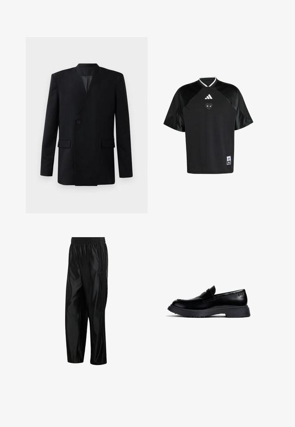 Sort blazer med omslagdesign, der har en enkelt knaplukning, to forlommer og en ståkrave. Glat stofstruktur.; Sort sports T-shirt med korte ærmer med hvidt Adidas-logo, et lille hjerte med øjne emblem, og Marvel- og Adidas-patches nær kanten.; Sorte skinnende atletikbukser med elastisk taljebånd, lynlåslommer i siden og tonale striber langs siderne.; Sort læder penny loafer med chunky gummisål og brande hæl detalje, vist i profil på en hvid baggrund.