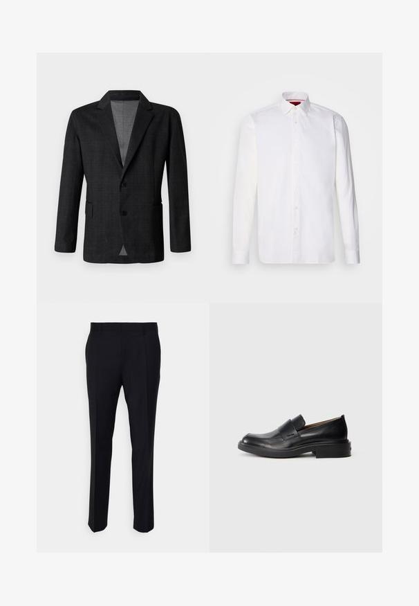 Blazer ajusté gris foncé avec une texture lisse, design à simple boutonnage, revers crantés et deux poches avant. Comprend deux boutons.; Chemise blanche à manches longues en coton, avec un col classique, une patte de boutonnage à l'avant et une texture lisse. Détail rouge à l'intérieur du col.; Pantalon noir en tissu tissé, à coupe ajustée, avec un devant plat, des poches latérales et une coupe droite.; Chaussure habillée noire en cuir, à enfiler, avec un petit talon et un logo Calvin Klein discret sur le côté, présentée de profil sur un fond blanc.