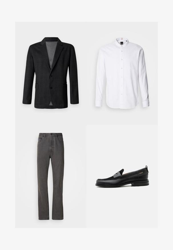 Blazer ajusté gris foncé avec une texture lisse, design à simple boutonnage, revers crantés et deux poches avant. Comprend deux boutons.; Chemise blanche à manches longues avec col bande, boutonnière à l'avant et ourlet arrondi. Fabriquée en coton, elle présente une texture lisse et un léger éclat.; Jeans en denim gris avec une coupe droite, dotés de poches avant, d'une fermeture à bouton et d'une texture subtile.; Mocassin en cuir noir avec détail de bride grise, talon bas et semelle texturée, marqué "HUGO" en or sur le côté.