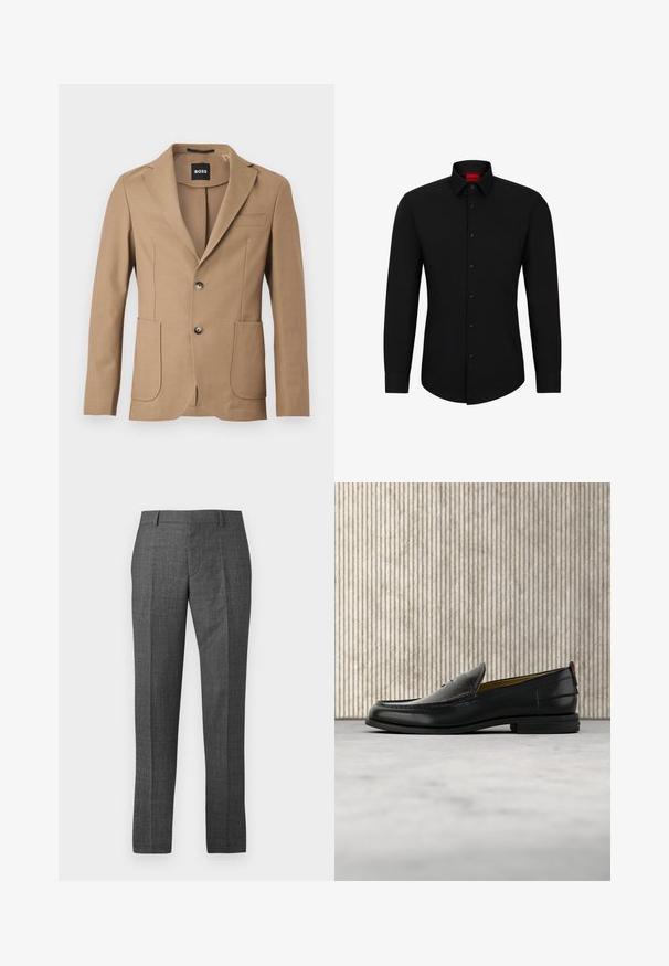 Béžový blazer z texturovanej tkaniny, so zárezovými klopami, dvoma prednými vreckami a zapínaním na dva gombíky. Na štítku je napísané "BOSS."; Čierna košeľa s dlhým rukávom a zapínaním na gombíky, klasickým golierom a zaobleným lemom; obsahuje čierne gombíky a červené logo vo vnútri goliera.; Pánske tmavošedé formálne nohavice na mieru s pútkami na opasok a predným záhybom, zobrazené rozložené na bielom pozadí.; Pánska čierna kožená mokasína so vzorom krokodílej kože na priehlavku a nízkym podpätkom, zobrazená z profilu na neutrálnom pozadí.