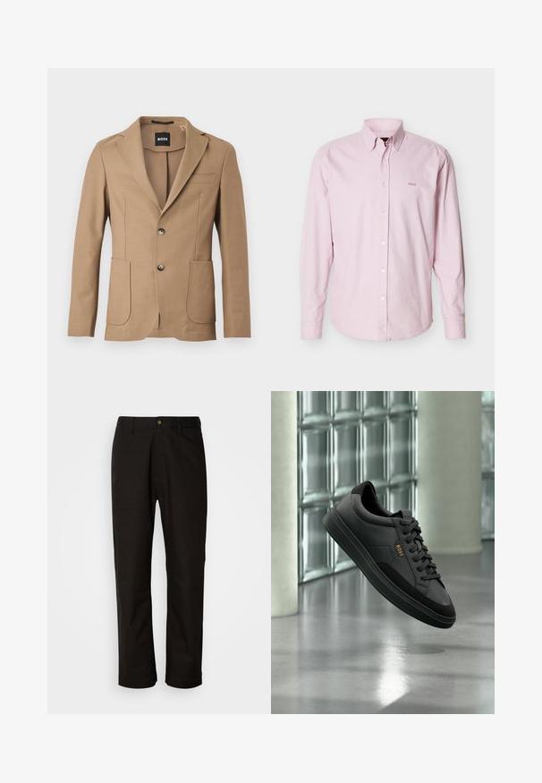 Béžový blazer z texturovanej tkaniny, so zárezovými klopami, dvoma prednými vreckami a zapínaním na dva gombíky. Na štítku je napísané "BOSS."; Svetloružová košeľa s dlhým rukávom, zapínaná na gombíky, s golierom zapínateľným na gombíky a malým vyšitým logom "BOSS" na ľavej strane hrudníka.; Čierne bavlnené nohavice v rovnom strihu, s pútkami na opasok, predným zipsom a jedným zapínaním na gombík. Hladká textúra bez viditeľných vzorov.; Čierny nízky kožený teniskový topánka s čiernymi šnúrkami a zlatým logom „BOSS“, zobrazená vo vzduchu pred stenou zo sklenených blokov a sivou podlahou.