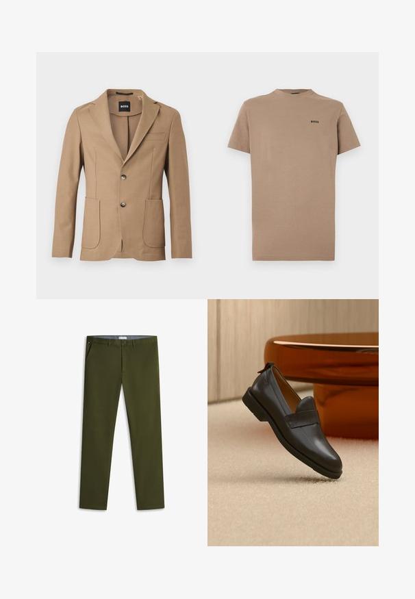 Tan blazer i tekstureret stof med klapkrave, to forlommer og lukning med to knapper. Mærket siger "BOSS."; Beige T-shirt med korte ærmer lavet af blød bomuld, med rund hals og et diskret sort "BOSS"-logo på venstre bryst.; Olivengrønne slim-fit chino bukser med frontknap og lynlås, sidelommer og bæltestropper, lagt fladt på en hvid baggrund.; Sort læderloafer med lav hæl svævende over beige tæppe ved siden af et blankt ravfarvet bord i et minimalistisk rum.