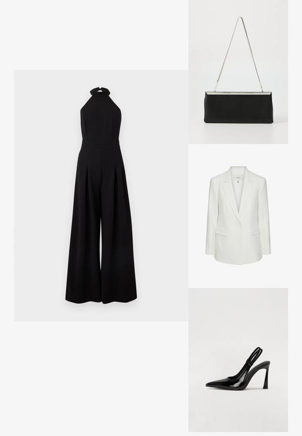 Hvid enkeltknappet blazer med slag og klaplommer, skræddersyet pasform og Y.A.S mærke inden i kraven.; Sort ærmeløs vidbukset jumpsuit med halterneck og figursyet talje mod en ensfarvet lys baggrund.; Sorte patenterede lædersædler med spidse tæer, slank høj hæl og dobbelt elastisk rem for sikker pasform. Glat, skinnende overflade.; Sort læder clutch taske med en sølvmetal kædehåndtag og en slank rektangulær form. Mat tekstur og minimalistisk design med en metallisk accent.