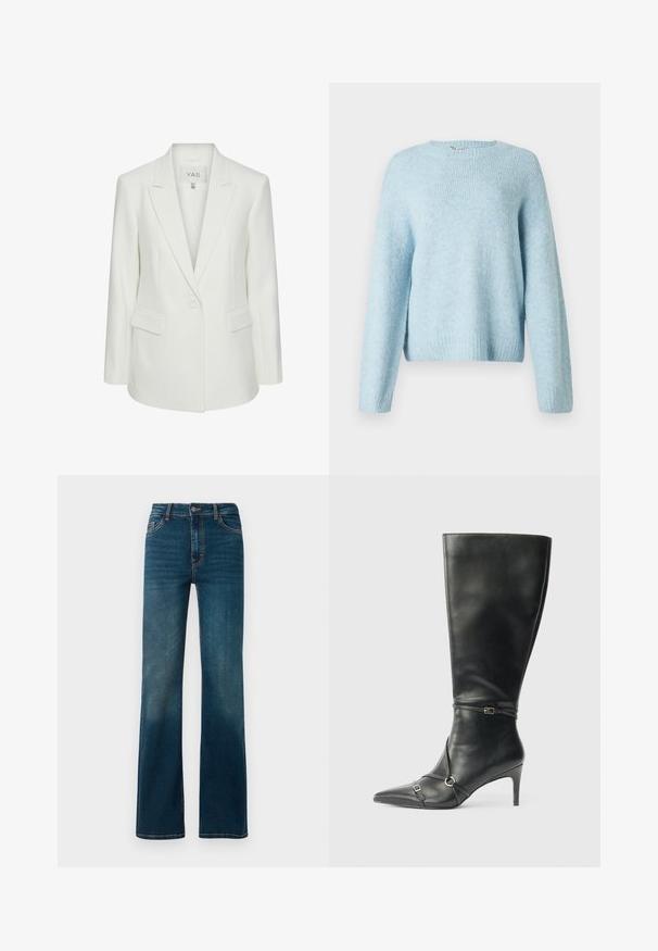 Hvid enkeltknappet blazer med slag og klaplommer, skræddersyet pasform og Y.A.S mærke inden i kraven.; Lyseblå strikket sweater med rund halsudskæring, lange ærmer og ribbede manchetter. Blød tekstur og afslappet pasform.; Mørkeblå, højtaljede jeans med lige ben. Lavet af denim, med kontrastsyninger og et klassisk fem-lomme design.; Sorte knæhøje støvler i læder med en slank hæl, spids tå og remdetaljer ved anklen. Glat tekstur og tætsiddende design.