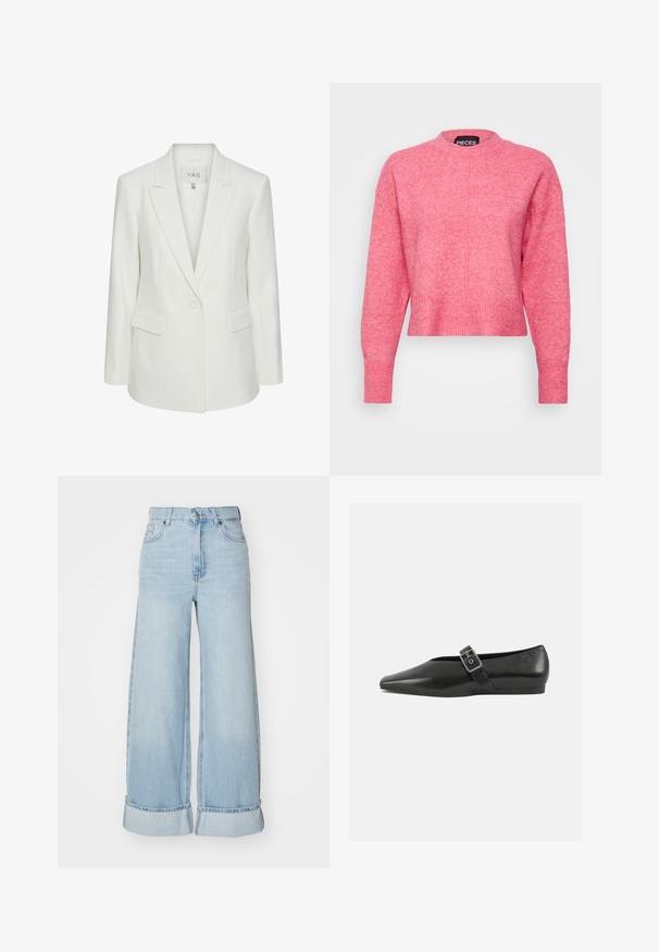 Hvid enkeltknappet blazer med slag og klaplommer, skræddersyet pasform og Y.A.S mærke inden i kraven.; Rosa cropped sweater med rund hals, lange ærmer, ribbede manchetter og kant. Afslutningen har en let tekstureret finish. Mærket er synligt.; Lysblå brede jeans med høj talje, opsmøgede ben og klassisk denimtekstur. Har frontlommer og lynlås lukning.; Sorte læder flade sko med spidse tæer, prydet med en metallisk spænde over vristen og en lav, fleksibel sål.
