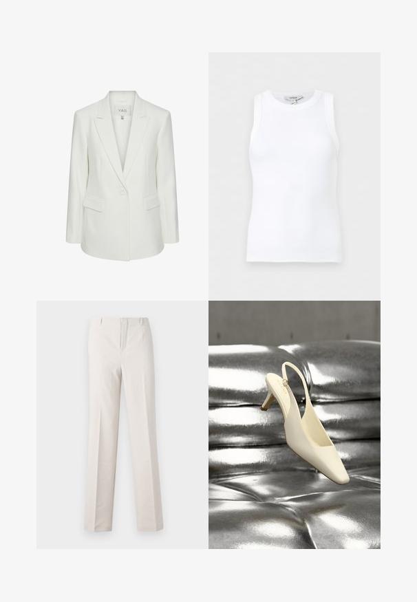 Hvid enkeltknappet blazer med slag og klaplommer, skræddersyet pasform og Y.A.S mærke inden i kraven.; Hvid, ribstrikket, ærmeløs tanktop med rund halsudskæring, tætsiddende pasform og lille mærke inde i kraven.; Beige skræddersyede bukser med lige ben, der har en glat tekstur, to forlommer og ingen synlige hardware detaljer.; Kremfarvet slingback kitten heel sko med firkantet tå hviler på en skinnende sølv tuftet læderoverflade.