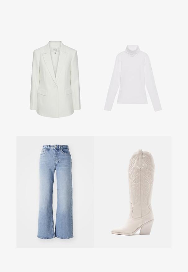Hvid enkeltknappet blazer med slag og klaplommer, skræddersyet pasform og Y.A.S mærke inden i kraven.; Hvid langærmet turtle-neck top lavet af glat, strækbart stof. Har en høj krave og tætsiddende design, uden synlige mønstre eller udsmykninger.; Lysblå højtaljede brede jeans med for- og baglommer, knaplukning og subtil falming på lårene og kantene.; Hvide læder cowboystøvler med spidse tæer og blokhæle. Har intrikate syninger på skaftet og en glat tekstur.