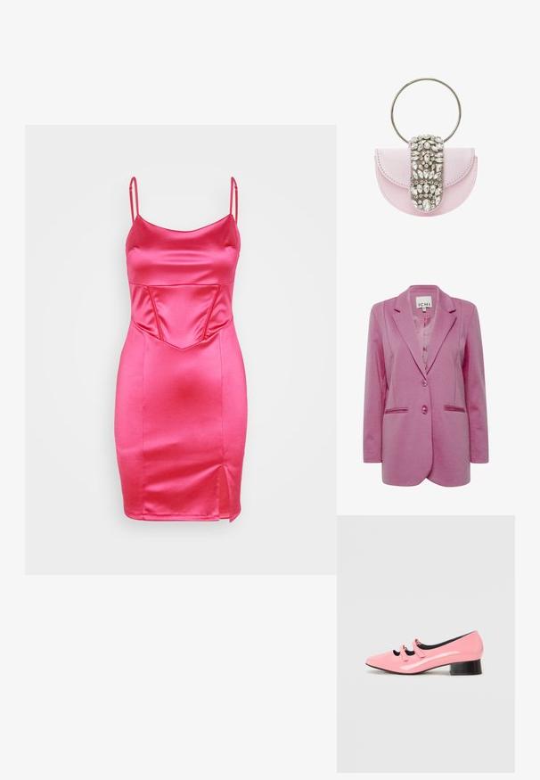 Rosa Blazer mit taillierter Passform, zwei Knöpfen, Reverskragen und Seitentaschen. Glattes Material mit leicht strukturiertem Finish.; WAL G. CALEB CORSET MINI - Cocktailkleid/festliches Kleid - fuchsia; Rosa Lackleder-Schuh mit spitzer Zehenform und zwei dekorativen Riemen. Verfügt über einen niedrigen schwarzen Blockabsatz und eine glatte Oberflächentextur.; Rosa Lederhandtasche mit metallischem, rundem Griff, verziert mit einem mit Edelsteinen geschmückten Klappenverschluss, der verschiedene klare, funkelnde Steine zeigt.