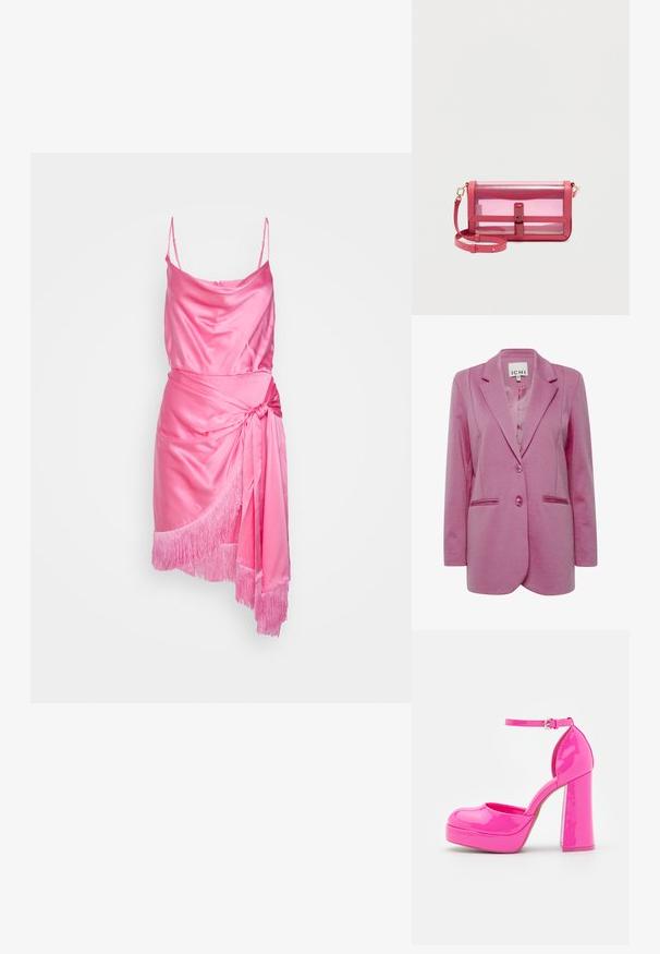 Lyserød blazer med skræddersyet pasform, to knapper, klippet revers og sidelommer. Glat stof med en let struktureret overflade.; Cinq à Sept OCTAVIA DRESS - Cocktailkjole / festkjole - flamingo; Call it Spring ANABELLE - Plateaupumps - dark pink; Lyserød gennemsigtig rektangulær skuldertaske med klaplåg og justerbar rem, sat mod en ensartet lys baggrund.