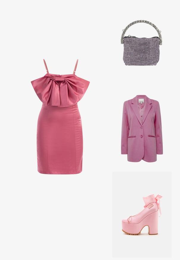 Blazer rosa con un corte ajustado, dos botones, solapas con muesca y bolsillos laterales. Tejido suave con un acabado ligeramente texturizado.; Vestido de satén rosa con un busto estructurado y con volantes, y tirantes ajustables. Ajustado al cuerpo, con una textura suave y un dobladillo recto.; Zapato de tacón alto con plataforma rosa, tacón ancho, lazos en el tobillo atados en un lazo y suela con dibujo.; Pequeño bolso de noche rectangular cubierto de pedrería morada con un asa adornada con pedrería plateada y cierre de cremallera negra.