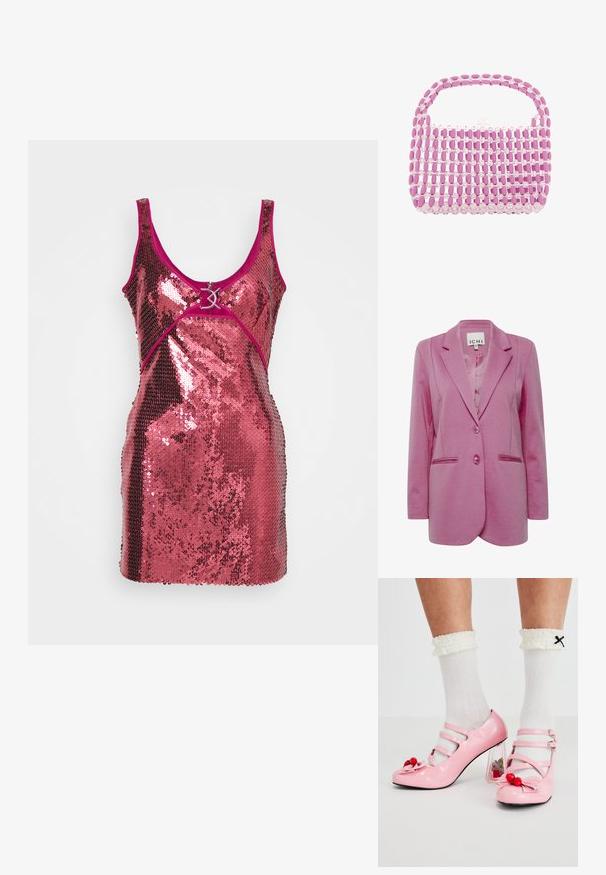 Rosa Blazer mit taillierter Passform, zwei Knöpfen, Reverskragen und Seitentaschen. Glattes Material mit leicht strukturiertem Finish.; Paillettenkleid in glänzendem Pink mit einer figurbetonten Passform. Merkmale sind ein tief ausgeschnittener Ausschnitt, breite Träger und ein dekoratives Hardware-Detail an der Vorderseite.; Rosa Lacklederabsätze mit abgerundetem Zeh, drei Riemen und Kirschverzierungen. Transparenter Blockabsatz mit floralen Akzenten. Weiße gerippte Socken.; Kleine Handtasche aus abwechselnden Reihen von rosa ovalen und klaren runden Perlen mit einem perlenbesetzten Griff und Verschluss.