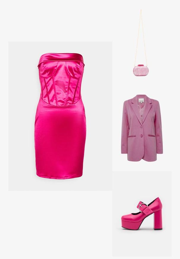 Rosa Blazer mit taillierter Passform, zwei Knöpfen, Reverskragen und Seitentaschen. Glattes Material mit leicht strukturiertem Finish.; WAL G. MILLA CORSET - Cocktailkleid/festliches Kleid - fuchsia; LAMODA FORGET ME PLATFORM - High Heel Pumps - fuchsia; Rosa marmorierte Acryl-Handtasche mit runder Form, goldener Kettenriemen und abgerundetem Verschluss. Glatte Textur mit wirbelnden Mustern.