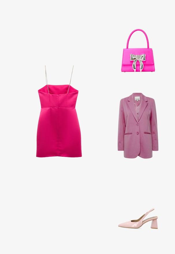 Roze blazer met een getailleerde pasvorm, twee knopen, gelapte revers en zijzakken. Glad stof met een licht gestructureerde afwerking.; Koton MINI - Cocktailjurk - pink; Bianco BIAMARALYN - Klassieke pumps - dusty pink; Roze handtas met een gladde textuur, voorzien van een zilveren hartvormige strikaccent en een gestructureerde rechthoekige vorm. Inklapbare handgreep.