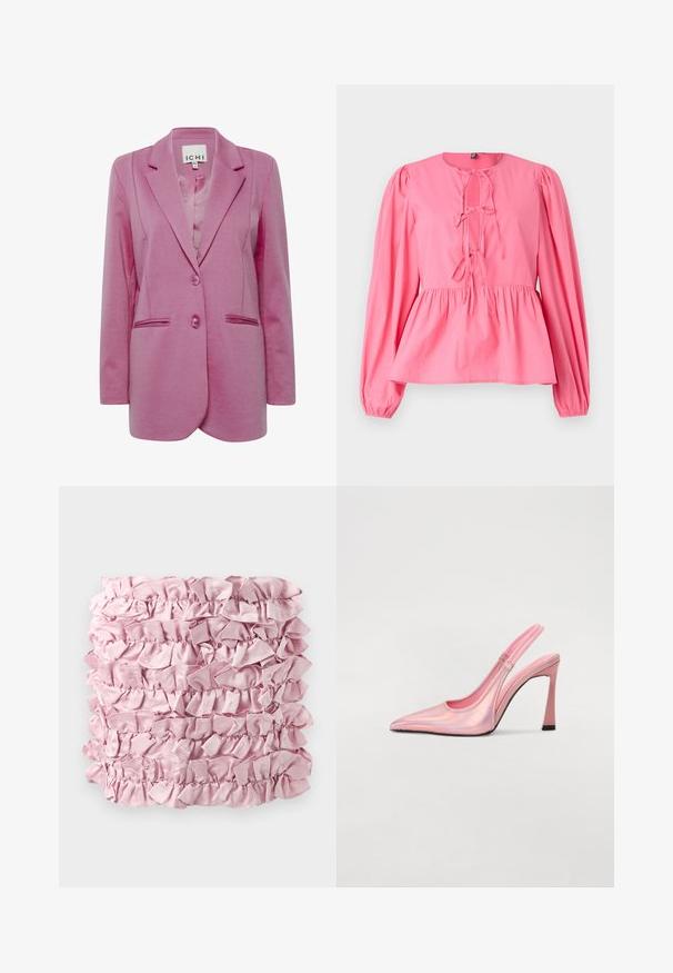 Blazer rosa con un corte ajustado, dos botones, solapas con muesca y bolsillos laterales. Tejido suave con un acabado ligeramente texturizado.; Blusa de algodón rosa con escote redondo, mangas largas abullonadas y detalle de nudo en la parte delantera. Cuenta con una cintura fruncida y un corte relajado.; Tela rosa con volantes que presenta múltiples capas de textura suave, similar al satén, con bordes fruncidos. Forma rectangular con un color rico y uniforme.; Zapato de tacón destalonado rosa hecho de material iridescente con punta afilada, tacón delgado y correa elástica para un ajuste perfecto. Textura suave con acabado brillante.