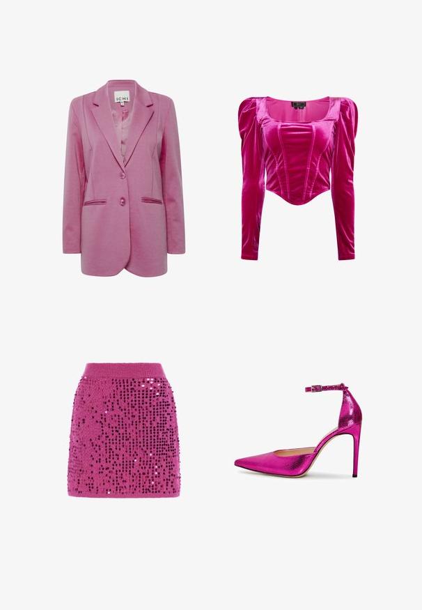Rosa Blazer mit taillierter Passform, zwei Knöpfen, Reverskragen und Seitentaschen. Glattes Material mit leicht strukturiertem Finish.; Tailliertes Langarmoberteil aus rosa Samt mit quadratischem Ausschnitt, puffigen Schultern und vertikalen Nahtdetails.; Magenta gestrickter Minirock, dekoriert mit vertikalen Reihen glänzender Pailletten und einem gerippten Bund.; Rosa metallische High-Heel-Pumpe mit spitzem Zehenbereich, Knöchelriemen und strukturierten Oberflächen. Verfügt über einen schlanken Stilettopfennig und ein glattes Innenleben.
