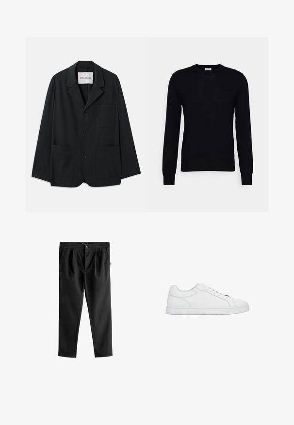 CLOSED WORKWEAR - Blazerjasje - dark night; Zwarte lange mouwen trui gemaakt van zacht gebreid materiaal. Ronde halslijn, geribbelde manchetten en zoom. Minimalistisch ontwerp zonder zichtbare patronen of knopen.; Zwarte broeken met een elastische tailleband met knoopsluiting, rechte pijpen en zijzakken, gemaakt van een gladde stof.; Witte lage leren sneaker met witte veters, gestikte details en een platte rubberen zool, vanaf de zijkant getoond op een effen achtergrond.