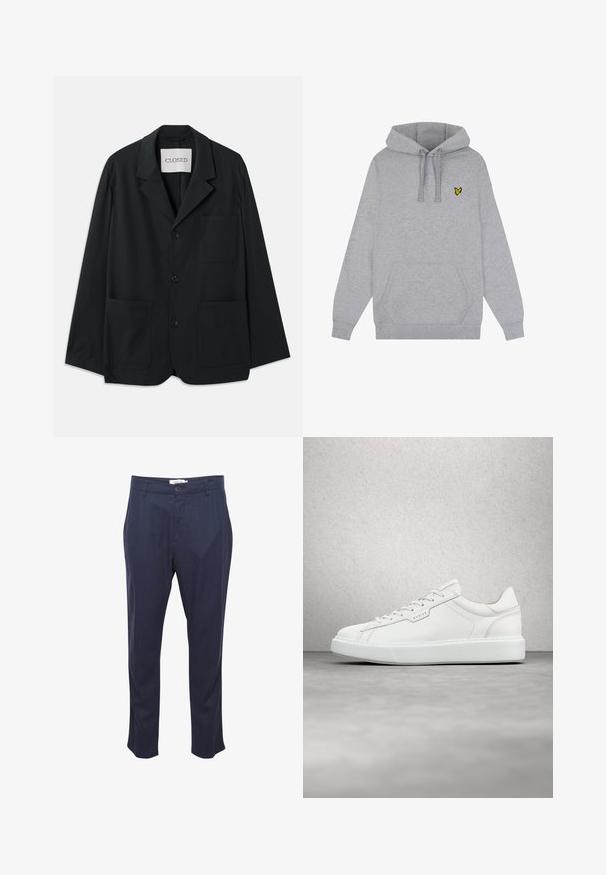 CLOSED WORKWEAR - Blejzrové sako - dark night; Sivá mikina s kapucňou vyrobená z jemnej látky. Obsahuje prednú klokanku a malú žltú motýliu nášivku na hrudi.; Námornícke modré nohavice z ľahkého materiálu, s plochým predným dielom, pútkom na opasok a jedným gombíkovým zapínaním. Rovný strih nohavíc, bez viditeľných vzorov.; Biele kožené tenisky s guľatou špičkou, plochým šnurovaním a šedou gumovou podrážkou. Disponujú jemným prešívaním a akcentom loga.