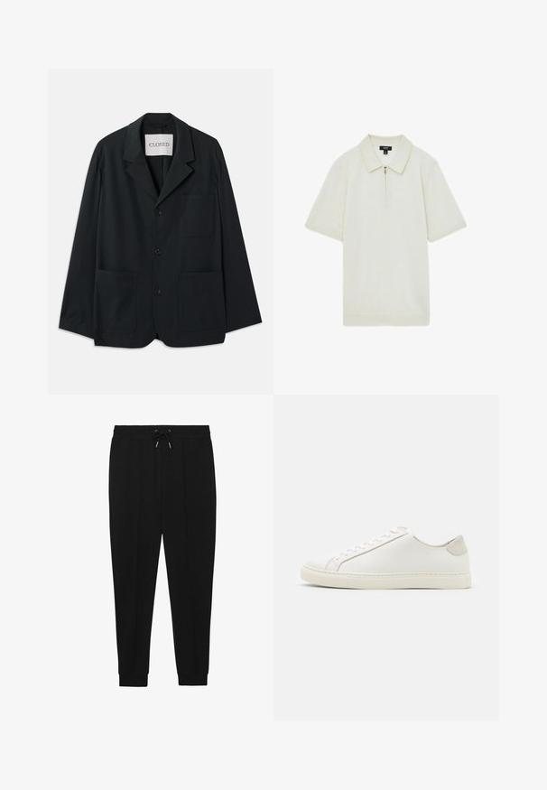 CLOSED WORKWEAR - Blazerjasje - dark night; Cremekleurige polo met ritssluiting, gemaakt van zachte stof, heeft een puntkraag, korte mouwen en een rechte zoom.; Zwarte sportbroek met een trekkoord in de taille, taps toelopende benen en ribbels aan de manchetten. Gemaakt van een zachte stof met een gladde textuur.; Witte leren sneaker met een gladde oppervlakte, ronde neus en minimalistisch ontwerp. Heeft beige accenten op de hiel en een rubberen zool.