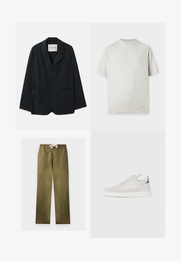 CLOSED WORKWEAR - Blejzrové sako - dark night; Svetlosivé tričko s okrúhlym výstrihom a krátkymi rukávmi s malým nenápadným logom na ľavej hornej časti hrudníka na jednofarebnom pozadí.; Olivovo zelené ležérne nohavice s elastickým pásom a bielou šnúrkou, s veľkými prednými nášivkovými vreckami.; Biele kožené tenisky s šedými semišovými akcentmi, viazanie, pútko na päte a textúrovaná gumová podrážka s cik-cak vzorom.