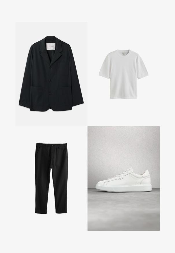CLOSED WORKWEAR - Sakko - dark night; Einfaches weißes T-Shirt mit kurzen Ärmeln und rundem Halsausschnitt, vor weißem Hintergrund dargestellt.; Schwarze Slim-Fit-Hose mit Gürtelschlaufen, Knopfverschluss, Reißverschluss und Seitentaschen, dargestellt auf weißem Hintergrund.; Weiße Ledersneaker mit runder Zehenform, flacher Schnürung und grauer Gummisohle. Verfügt über dezente Nähte und ein Logoakzent.