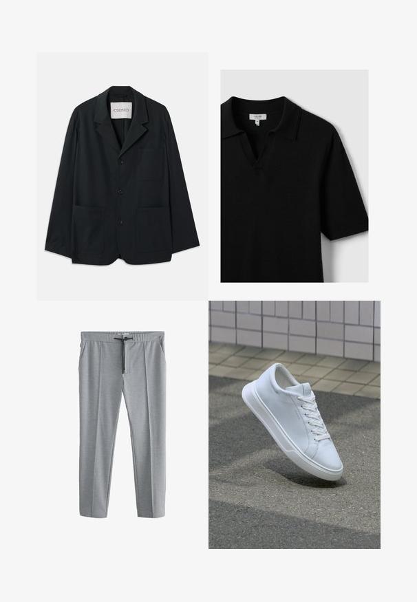 CLOSED WORKWEAR - Blazerjasje - dark night; Zwart kortemouwen poloshirt van zachte stof, met een v-hals en een klassieke kraag, met minimale stiksels en geen zichtbare patronen.; Lichtgrijze broek met rechte pijpen, een trekkoord in de taille en zijzakken, plat neergelegd op een witte achtergrond.; Witte lage sneaker met veters zwevend boven gestructureerd asfalt en een beige betegeld oppervlak op de achtergrond.