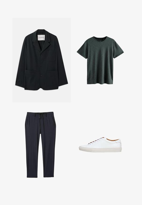 CLOSED WORKWEAR - Blejzrové sako - dark night; Tmavošedé tričko vyrobené z mäkkej, štruktúrovanej látky. Má klasický okrúhly výstrih a krátke rukávy so subtílnym vzorom. Žiadne viditeľné logo.; Námorné športové nohavice vyrobené z elastického materiálu, s nastaviteľným pásom na šnúrku, dvoma bočnými vreckami a rovným strihom.; Biela kožená teniska s textúrovanou gumovou podrážkou, okrúhlym prstom a kontrastným hnedom vnútrom. Má päť dierok na šnúrky a biele šnúrky.