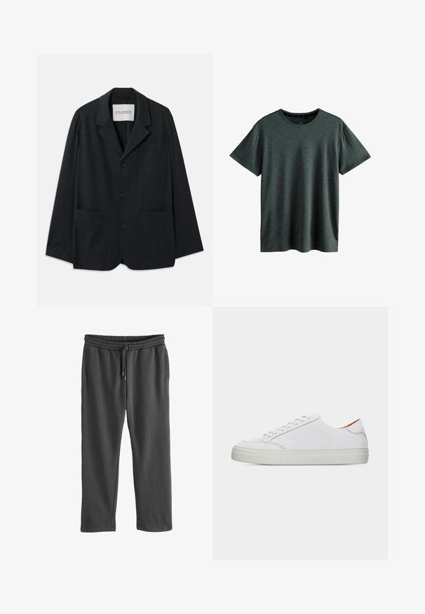CLOSED WORKWEAR - Sakko - dark night; Dunkelgraues T-Shirt aus weichem, strukturiertem Stoff. Verfügt über einen klassischen Rundhalsausschnitt und kurze Ärmel mit einem dezenten Muster. Keine sichtbaren Logos.; Graue Sweatpants mit elastischem Bund und verstellbarem Kordelzug. Aus weichem Material gefertigt, mit seitlichen Taschen und lockerer Passform.; Weißer Leder-Sneaker in niedriger Ausführung mit Schnürung vorne, dicker Sohle und minimalen Nahtdetails vor einem schlichten hellen Hintergrund.