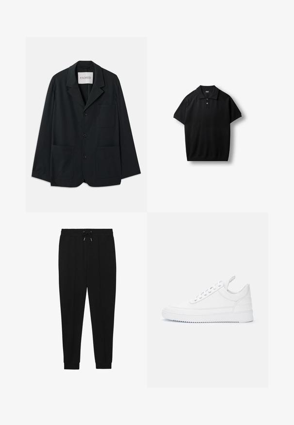 CLOSED WORKWEAR - Sakko - dark night; Schwarzes kurzärmeliges Poloshirt mit zwei Frontknöpfen sowie geripptem Kragen und Ärmelsäumen, flach auf weißem Hintergrund liegend.; Schwarze Sporthosen mit Kordelzugbund, schmal zulaufenden Beinen und gerippten Bündchen. Hergestellt aus einem weichen Stoff mit glatter Textur.; Weißer Sneaker mit niedrigem Schaft, Schnürverschluss, abgesteppten Details, Zuglasche an der Ferse und profillierter Sohle vor einfachem hellem Hintergrund.