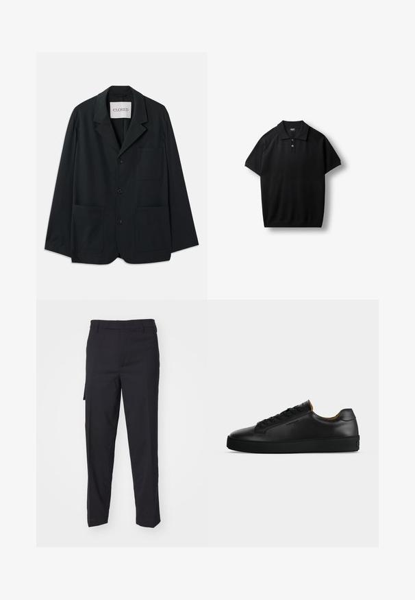 CLOSED WORKWEAR - Blazerjasje - dark night; Zwart poloshirt met korte mouwen, twee knopen aan de voorkant en geribbelde kraag en mouwranden, plat gelegd op een witte achtergrond.; Zwarte broek van een gladde, geweven stof. Heeft een rechte snit, slim fit, riemlussen en een zijzak.; Zwarte lage leren sneaker met zwarte veters, gestructureerde rubberen zool en klein geperst logo aan de zijkant, zijaanzicht tegen een grijze achtergrond.