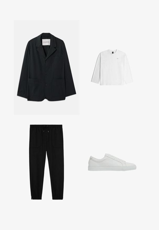 CLOSED WORKWEAR - Sakko - dark night; Schlichtes weißes Langarmshirt mit kleinem schwarzem Logo auf der linken Brust und rundem Halsausschnitt, flach auf weißem Hintergrund gelegt.; Schwarze Jogginghosen mit elastischem Bund, Kordelzug, vorderen aufgesetzten Taschen und elastischen Bündchen vor weißem Hintergrund.; Reiss REGULAR FIT - LUCA TUMBLED - Sneaker low - white