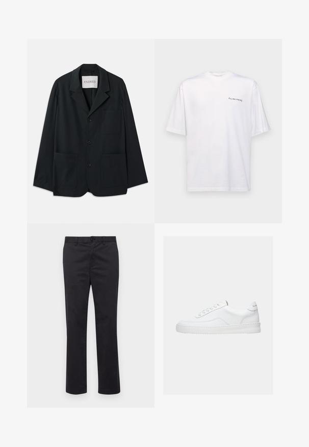CLOSED WORKWEAR - Blejzrové sako - dark night; Biela krátka rukávová tričko vyrobené z bavlny s výstrihom do V, s čiernym logom "FILLING PIECES" potlačeným na ľavej strane.; Čierne bavlnené nohavice so strihom rovného noha, s gombíkovým zapínaním a pútkami na opasok. Hladká textúra, bez viditeľných vzorov alebo akcentov.; Biela nízka teniska so šnurovacím dizajnom, hladkým koženým zvrškom a hrubou podrážkou, zobrazená z bočného pohľadu na jednoduchom pozadí.