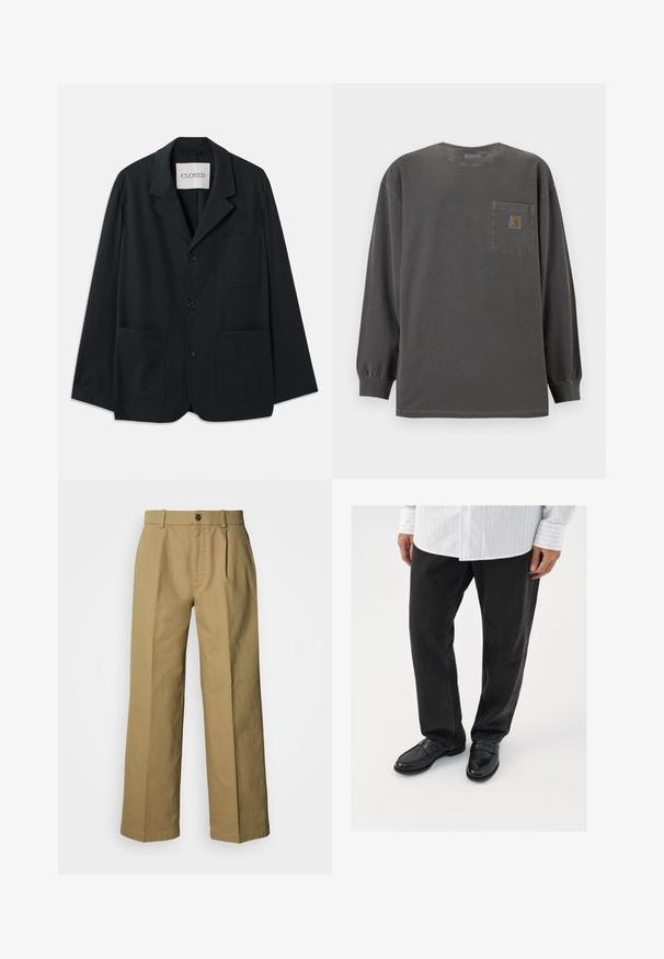 CLOSED WORKWEAR - Sakko - dark night; Dunkelgraues Langarmshirt mit Rundhalsausschnitt und einer Brusttasche mit kleinem Carhartt-Logo auf der Tasche.; Beige weite Baumwollhosen mit Knopfleiste, drei Falten und geraden Säumen für eine lockere Passform.; Schwarze Jeans kombiniert mit glänzenden schwarzen Slippern. Das Hemd ist weiß mit dünnen vertikalen Streifen, hat lange Ärmel und einen geknöpften Kragen.