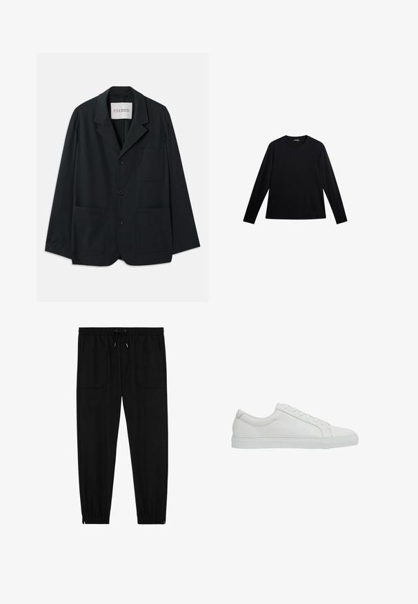 CLOSED WORKWEAR - Blazerjasje - dark night; Zwart langslijks T-shirt van gladde stof, met een ronde hals en een subtiele logo op de voorkant, met een relaxte pasvorm.; Zwarte joggingbroek met elastische tailleband, koordsluiting, voorzakken met opgestikte zakken en elastische boorden, op een witte achtergrond.; Reiss REGULAR FIT - LUCA TUMBLED - Sneakers laag - white