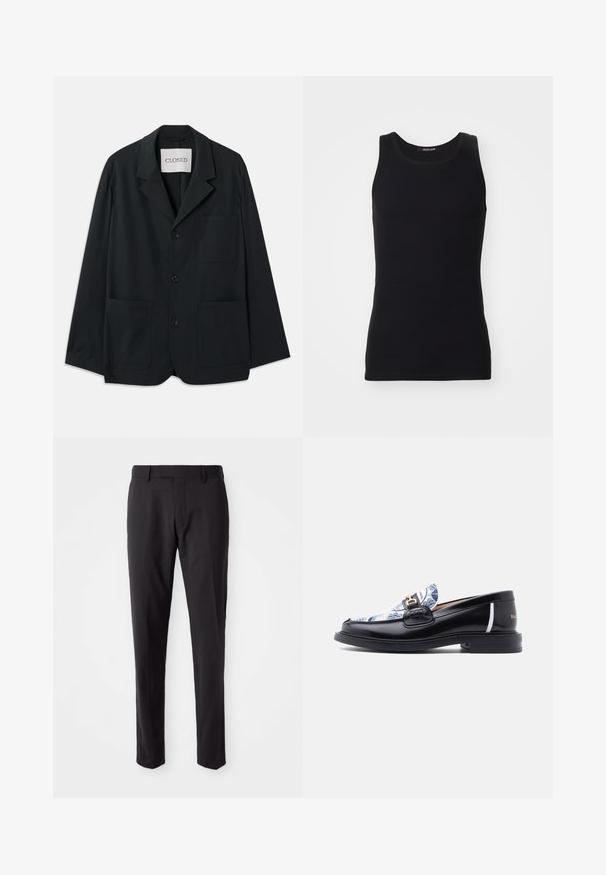 CLOSED WORKWEAR - Blejzrové sako - dark night; Čierny tielko vyrobené z hladkého, elastického materiálu. Má okrúhly výstrih a bezrúčkový dizajn, priliehavý strih a jednoduchý vzhľad.; Čierne priliehavé nohavice so plochým predným dielom, úzkym strihom, pútkami na opasok a hladkou textúrou. Vhodné na formálne alebo business oblečenie.; Čierna kožená mokasína s modro-bielym vzorovaným textilným vrchom, zlatou sponou a bielym detailom na päte. Ploché podrážka.