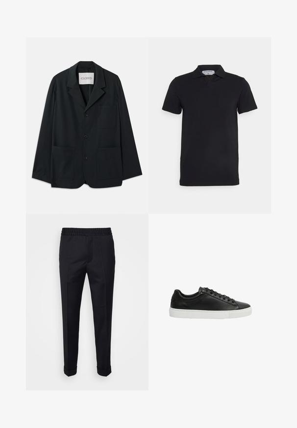 CLOSED WORKWEAR - Blazerjasje - dark night; Zwart polosjaal met korte mouwen en een klassieke kraag, gemaakt van gladde stof. Heeft een label met de merknaam 'Filippa K' op de hals.; Zwarte broek van lichtgewicht stof, met een elastische tailleband, zijzakken en opgerolde mouwen. Soepele textuur met voorplooien.; Zwarte leren sneakers met een gladde textuur, ronde neus en witte rubberen zool. Beschikt over een vetersluiting en minimalistische accenten.
