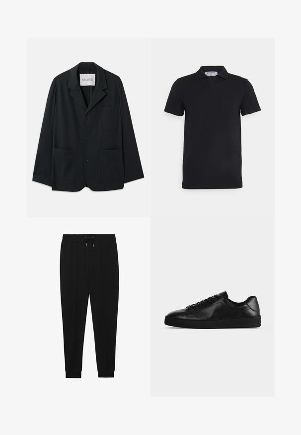 CLOSED WORKWEAR - Blazerjasje - dark night; Zwart polosjaal met korte mouwen en een klassieke kraag, gemaakt van gladde stof. Heeft een label met de merknaam 'Filippa K' op de hals.; Zwarte sportbroek met een trekkoord in de taille, taps toelopende benen en ribbels aan de manchetten. Gemaakt van een zachte stof met een gladde textuur.; Zwart leren sneaker met lage schacht, veters aan de voorkant en een getextureerde platte zool, zijaanzicht op een neutrale achtergrond.