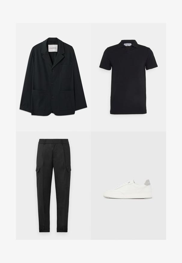 CLOSED WORKWEAR - Blazerjasje - dark night; Zwart polosjaal met korte mouwen en een klassieke kraag, gemaakt van gladde stof. Heeft een label met de merknaam 'Filippa K' op de hals.; Zwarte cargobroek met een elastische tailleband, taps toelopende pijpen, zijzakken en een enkele cargozak op de linkerdij. Gladde textuur.; Witte lage sneaker met grijze hielpatch, witte veters en een gestructureerde zool, gepresenteerd op een effen lichte achtergrond.