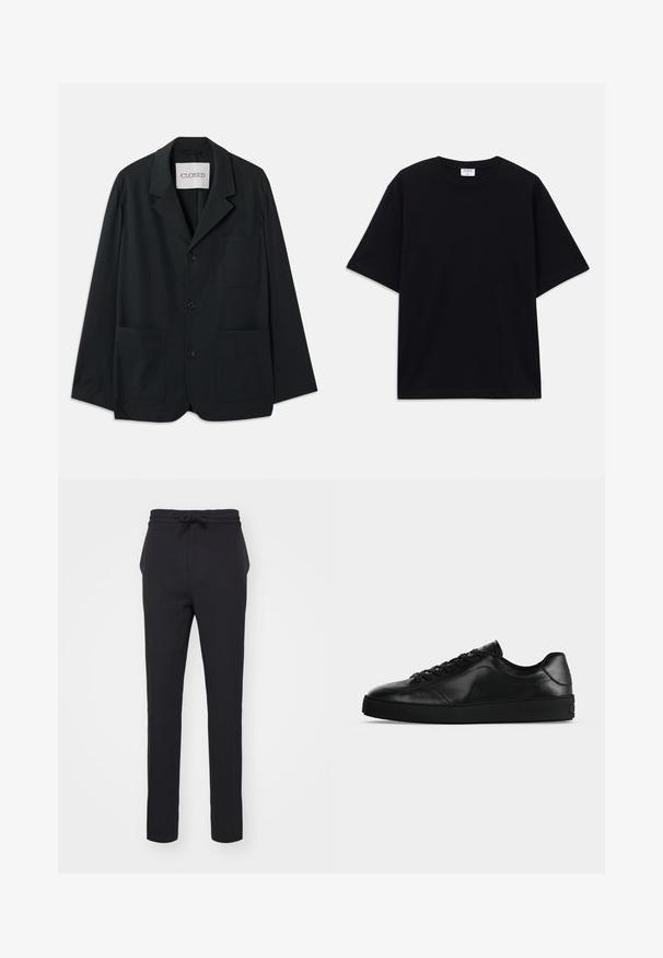 CLOSED WORKWEAR - Blazerjasje - dark night; Zwarte oversized T-shirt met korte mouwen en ronde hals, met zichtbaar Filippa K merkelabel aan de binnenkant van de kraag.; Zwarte, taps toelopende broek van een zachte stof. Voorzien van een tailleband met koord en zijzakken met een gladde textuur.; Zwart leren sneaker met lage schacht, veters aan de voorkant en een getextureerde platte zool, zijaanzicht op een neutrale achtergrond.