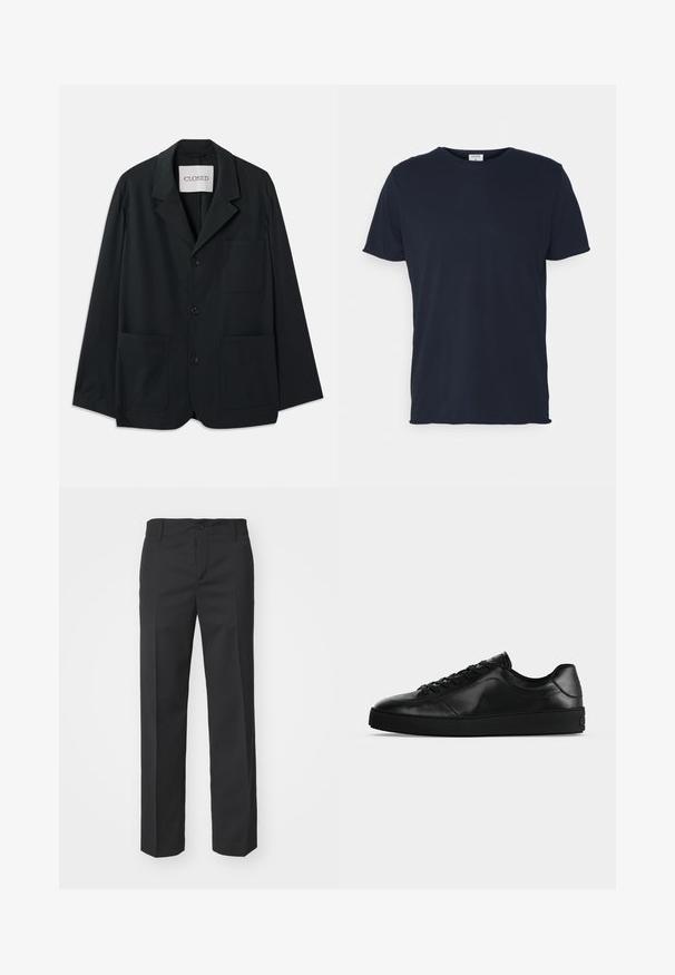 CLOSED WORKWEAR - Veste de costume - dark night; T-shirt en coton bleu marine avec un col rond et des manches courtes, présentant une texture lisse et un design simple, sans motifs ni accents visibles.; Filippa K TROY TROUSERS - Pantalon classique - black; Sneaker noir en cuir à profil bas avec lacets sur le devant et semelle plate texturée, montré de profil sur un fond neutre.