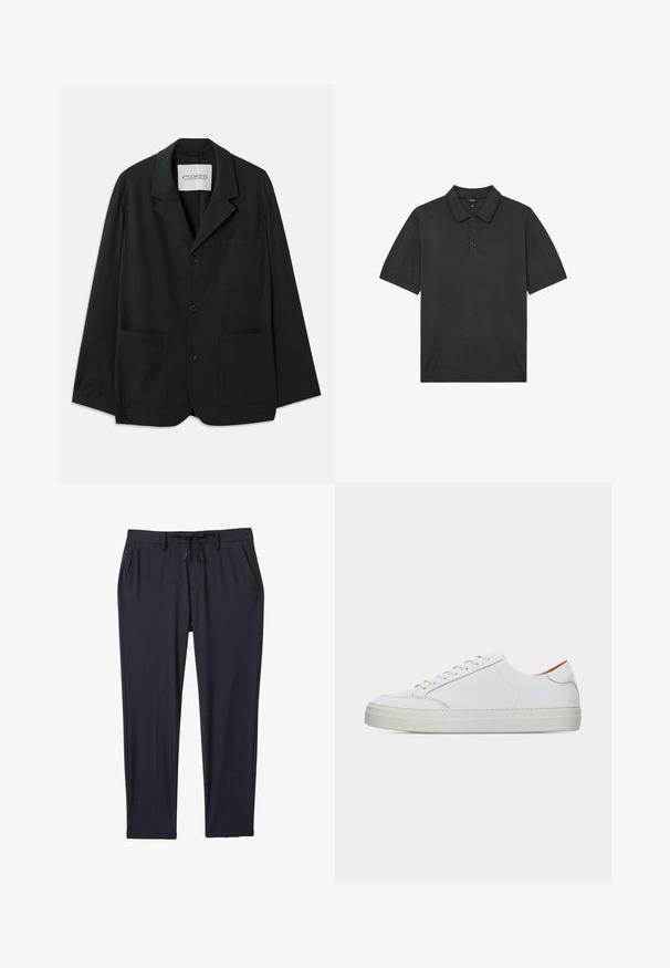 CLOSED WORKWEAR - Blazerjasje - dark night; Zwart poloshirt met korte mouwen, drieknoopsluiting en gebreide kraag, plat weergegeven op een witte achtergrond.; Marineblauwe sportbroeken van rekbare stof, met een tailleband met trekkoord, twee zijzakken en een rechte pijp.; Witte lage leren sneaker met vetersluiting, dikke zool en minimale stiksel details tegen een effen lichte achtergrond.
