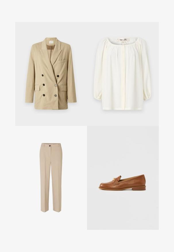 Beige linned blazer med dobbeltknap, spidse klapper, to frontlommer og sorte knapper. Har et minimalistisk design og tekstureret stof.; Hvid bluse med en rund halsudskæring, plisseret front og trekvart puffærmer. Lavet af let stof med en blød tekstur.; Modström GALE - Bukser - powder sand; Brun læderloafer med rundet tå, dekorativ strop og lille hæl. Glat tekstur, subtile syningsdetaljer og guldfarvede metalbeslag.