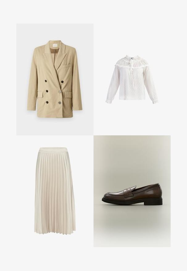 Beige linned blazer med dobbeltknap, spidse klapper, to frontlommer og sorte knapper. Har et minimalistisk design og tekstureret stof.; Hvid bluse med lange ærmer og flæset halsudskæring, tekstureret stof med små polkaprikker og rynkning ved manchetterne. Bindes foran.; Plisseret midi-nederdel i lys beige, lavet af et glat, blødt stof. Har en tætsiddende talje og et svævende design.; Brun læderloafers med sort sål og lav hæl, med detalje af rem og diskret præget mærkenavn på siden.