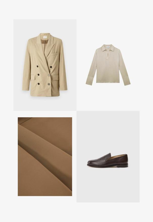 Beige linnen blazer met dubbele rij knopen, puntige revers, twee voorzakken en zwarte knopen. Heeft een minimalistisch ontwerp en textuurstof.; Beige blouse met lange mouwen, V-halskraag en knoopmanchetten, weergegeven op een witte achtergrond.; Bruine stof met een gladde textuur, met een subtiele glans en gevouwen lagen, die een naadloze en uniforme uitstraling tonen.; Bruine leren instappers met een gladde textuur, ronde neus, lage betreft hiel en minimale stikdetails, tegen een witte achtergrond.
