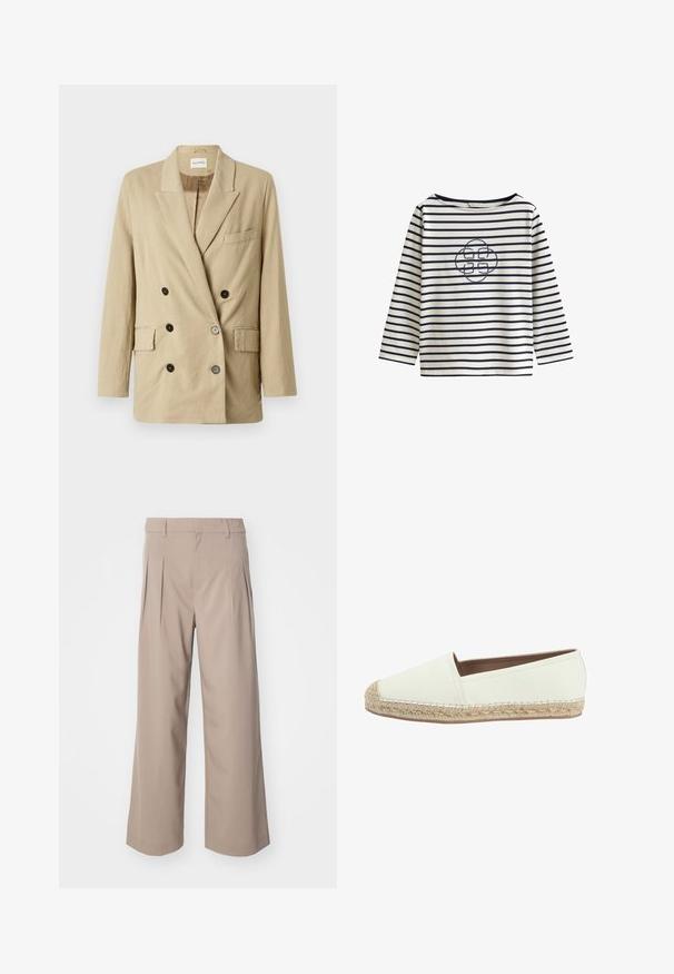 Beige linned blazer med dobbeltknap, spidse klapper, to frontlommer og sorte knapper. Har et minimalistisk design og tekstureret stof.; Hvid langærmet skjorte med horisontale marineblå striber og et centralt marineblåt logo broderet i rebstil på brystet.; Beige brede bukser med læg, lavet af glat stof. Har en mellemhøj talje og en ren, skræddersyet silhuet.; Hvid espadrille med en canvas-overdel og en beige, vævet jute-sål. Har en rund tå og broderede detaljer langs kanten.