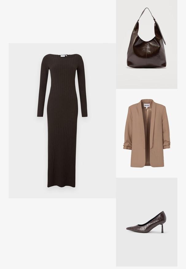Blazer para mujer color marrón claro con mangas tres cuartos fruncidas y frente abierto, con etiqueta "PIECES".; Vestido largo ajustado con textura acanalada en marrón oscuro, mangas largas y escote barco. Textura suave con diseño hasta el suelo.; Tacones puntiagudos de cuero sintético marrón con textura de cocodrilo, con un tacón delgado y angular y un forro interior suave.; Bolso de hombro de cuero marrón oscuro brillante con una sola correa ancha y detalle de hebilla en un lado, colocado sobre un fondo claro y sencillo.